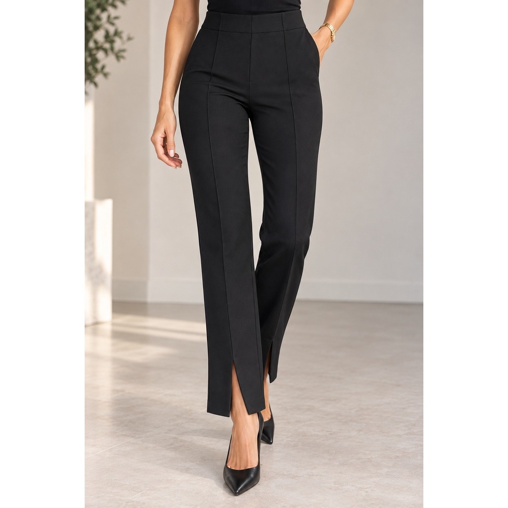 Zara Black High Waisted Front Slit Hem Trousers Stitched Crease Pants Size M